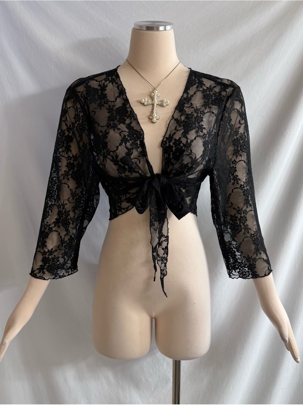 Y2K Black Lace Tie Front Shrug